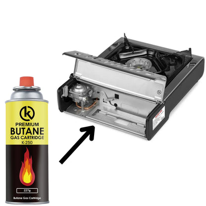 🍳 Cocina Gas Portátil Camping y Emergencias + 4 Cartuchos Butano Premium | Pack Ahorro 4+1